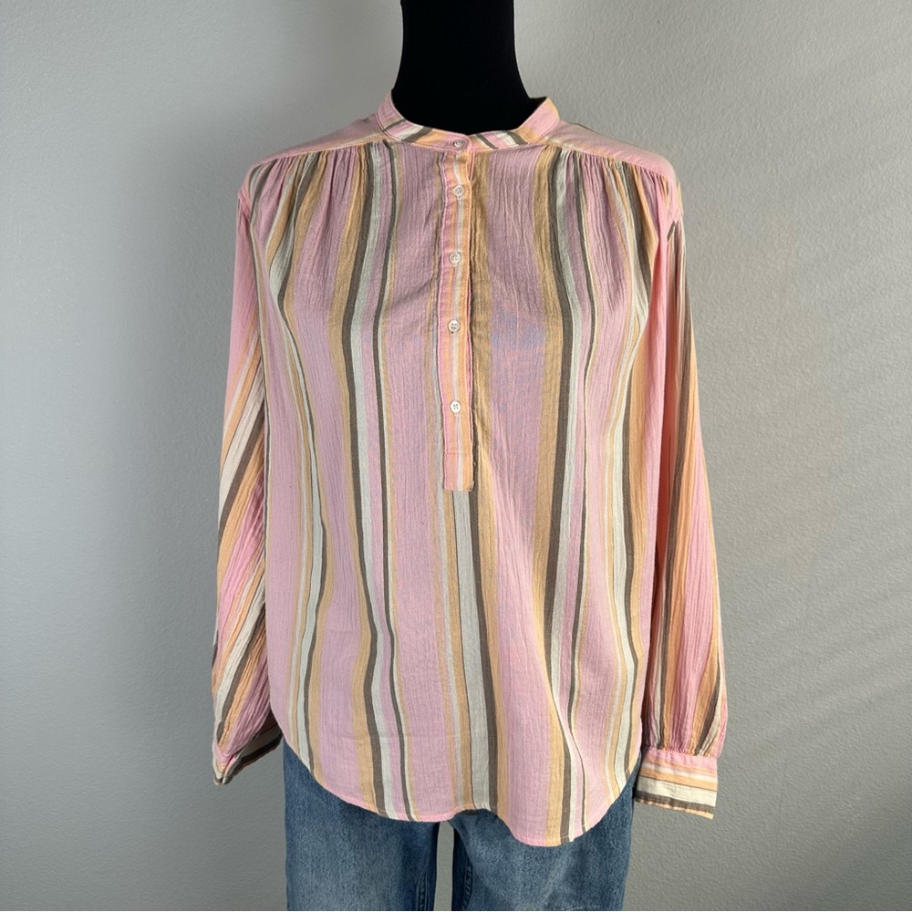 XIRENA Top Size Small Pink Striped Light Gauzy Cotton Popover Oversized Blouse